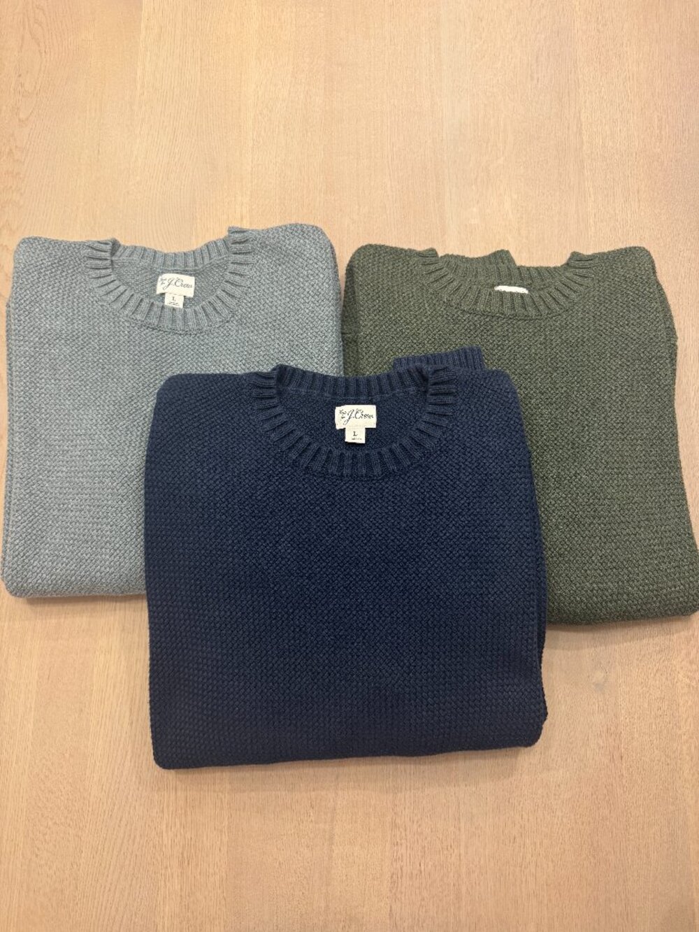 J.Crew Men’s Large Textured Crewneck Sweater Bundle – 3 Navy Olive Gray